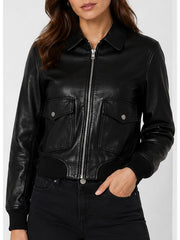 Daniela Dark Matter black leather jacket front view studio shot