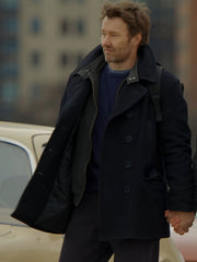 Joel Edgerton Jason Dessen navy peacoat close up front view