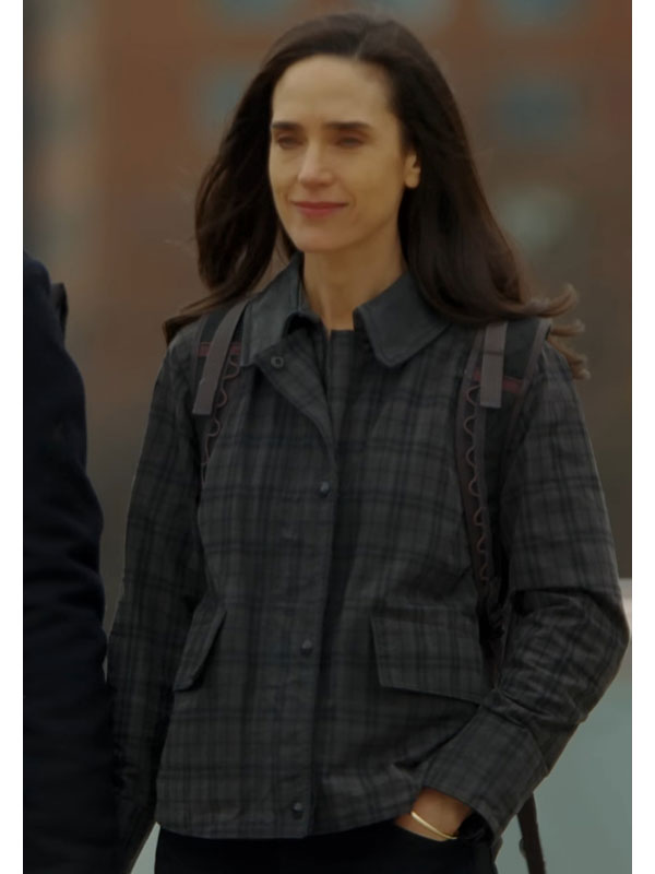 Daniela Dark Matter grey plaid jacket front view city scene