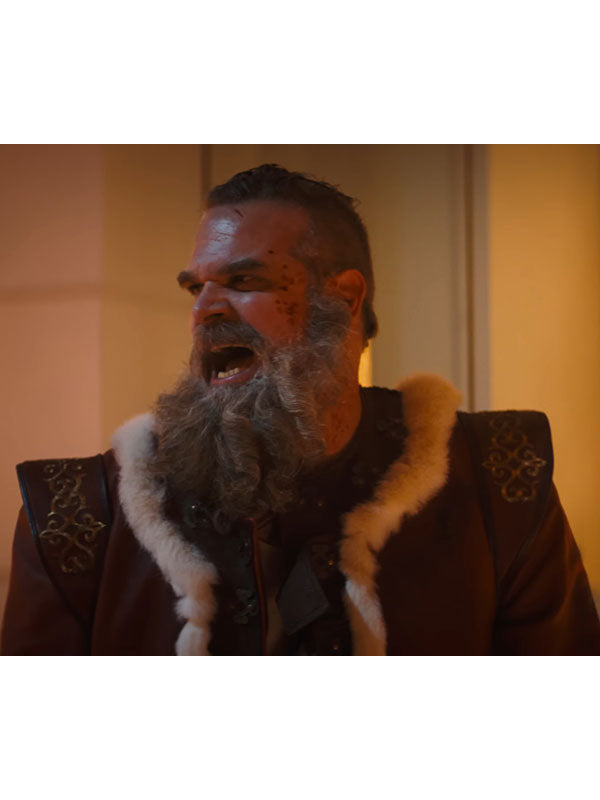 David Harbour Santa Claus red coat close up fur collar detail