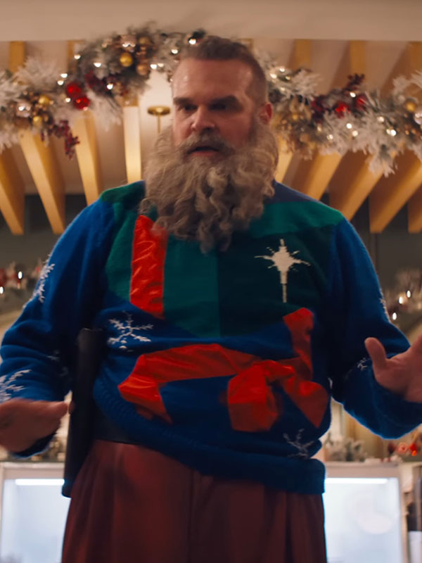 Violent Night 2 Santa Claus colorblock Christmas sweater front view mall