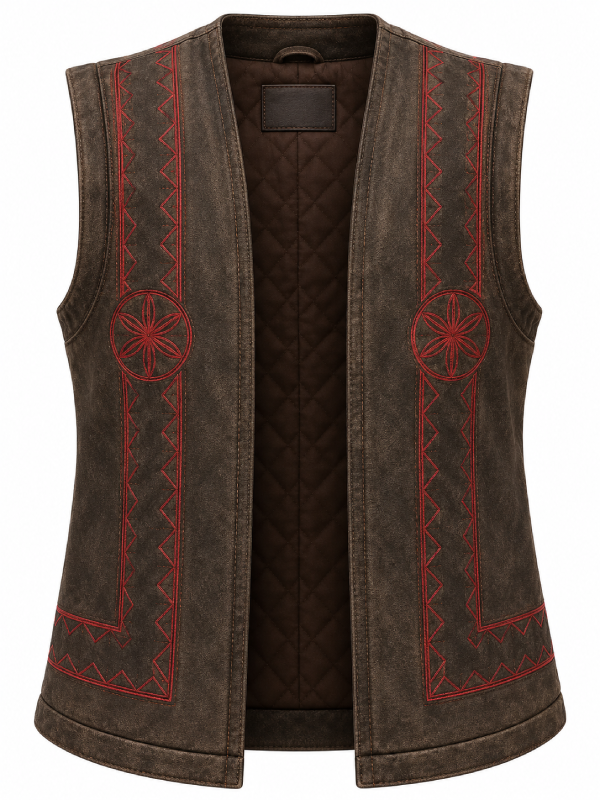 Blood of Dawnwalker embroidered leather vest product photo front view