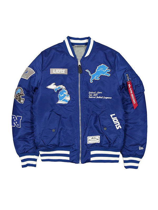 Detroit Lions inspired blue MA-1 bomber jacket with embroidered patches front view