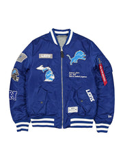 Detroit Lions inspired blue MA-1 bomber jacket with embroidered patches front view
