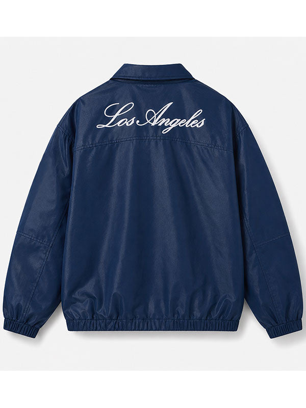Dodgers navy jacket back view Los Angeles script embroidery