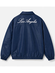 Dodgers navy jacket back view Los Angeles script embroidery