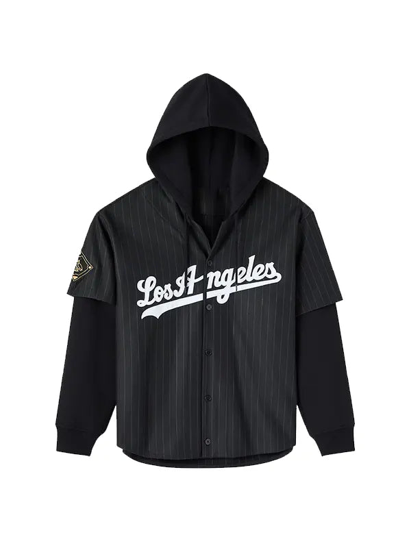 Los Angeles Dodgers pinstripe hooded jersey front view flat lay