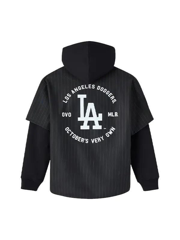 Los Angeles Dodgers pinstripe hooded jersey back view logo detail