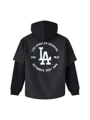 Los Angeles Dodgers pinstripe hooded jersey back view logo detail