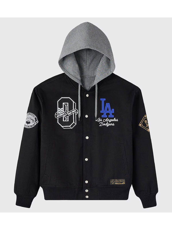 Los Angeles Dodgers black varsity hooded bomber jacket front view flat lay