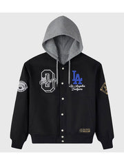 Los Angeles Dodgers black varsity hooded bomber jacket front view flat lay