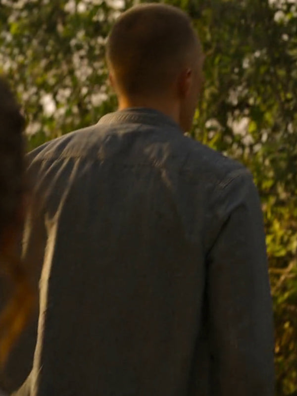 Outer Banks Rafe Cameron blue denim shirt back view outdoor