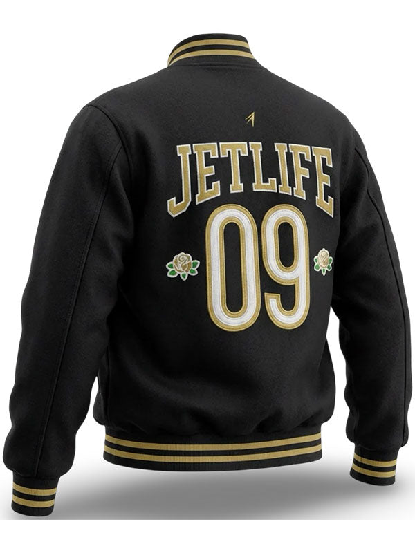 JetLife 09 black wool varsity jacket back view embroidery detail