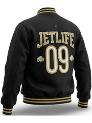 JetLife 09 black wool varsity jacket back view embroidery detail