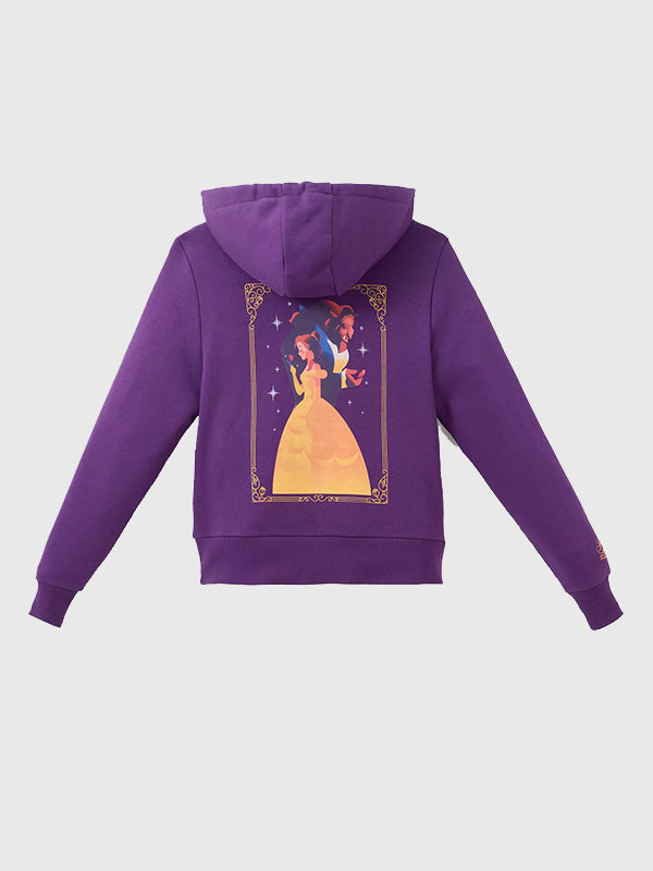 Beauty and the Beast purple hoodie flat lay Belle and Beast back print
