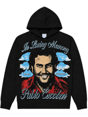 Black In Loving Memory Pablo Escobar hoodie with distressed portrait graphic and bold front typography