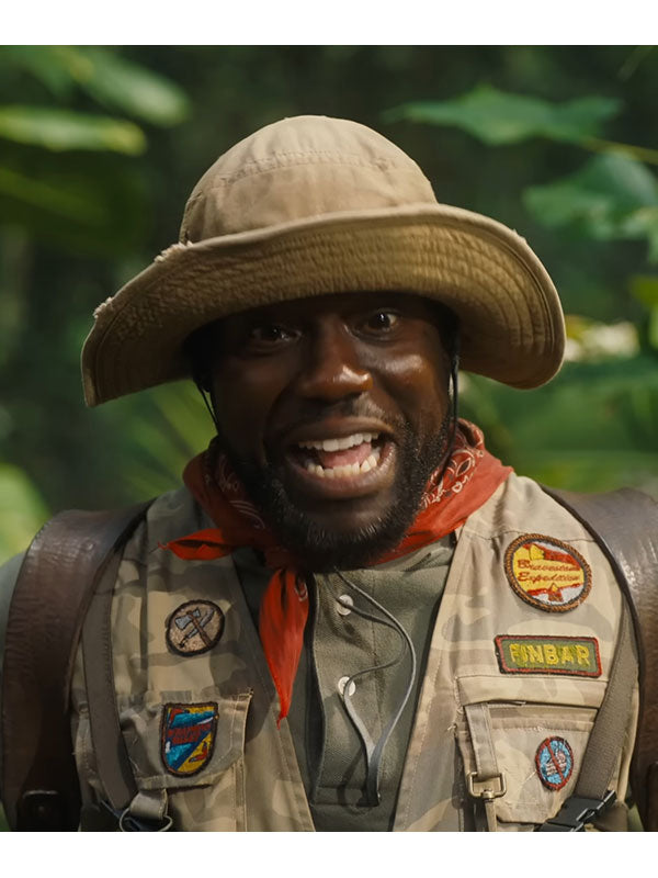 Kevin Hart Mouse Jumanji camo vest close up jungle scene