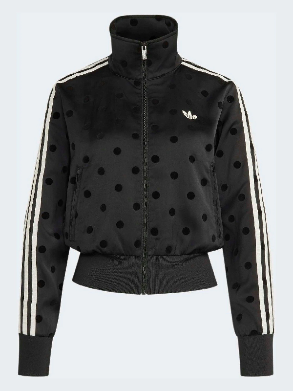 Black polka dot satin track jacket with stripes flat front