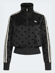 Black polka dot satin track jacket with stripes flat front