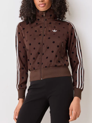 Brown polka dot satin track jacket front view