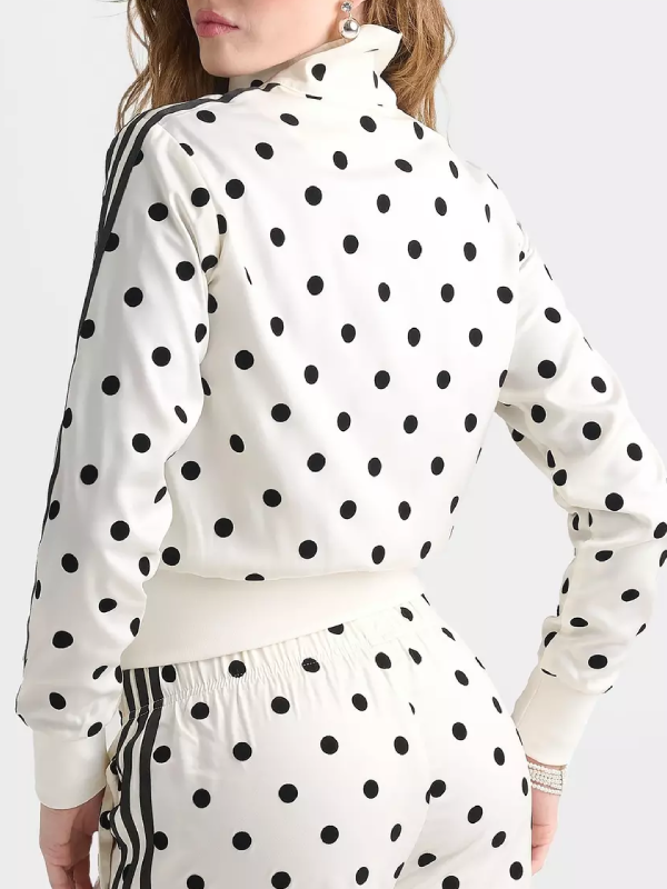 Cream polka dot satin track jacket back view with black stripes