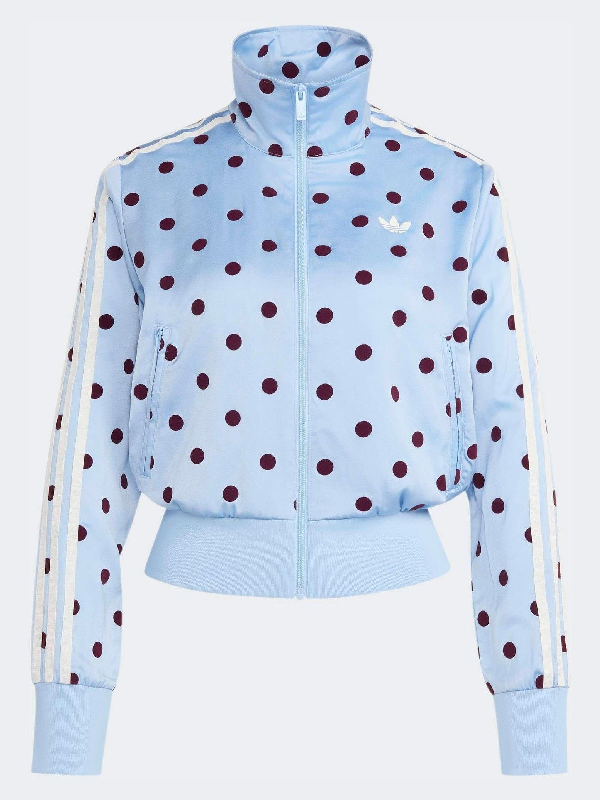 Light blue polka dot satin track jacket with stripes flat front