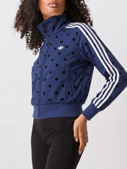 Navy polka dot track jacket side view with sleeve stripes