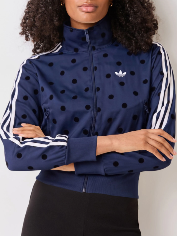Navy polka dot satin track jacket front view