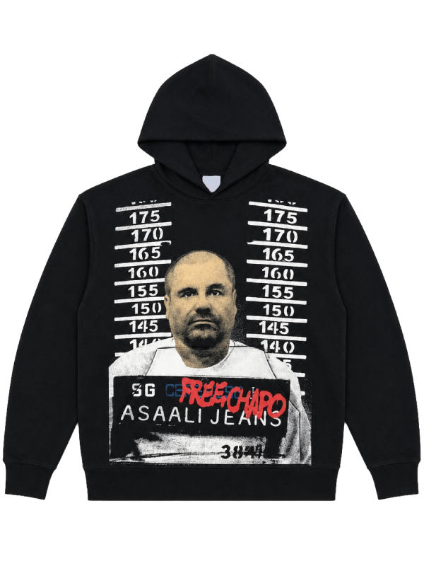 Black Mugshot Pullover Asaali Hoodie with distressed front graphic