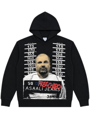 Black Mugshot Pullover Asaali Hoodie with distressed front graphic