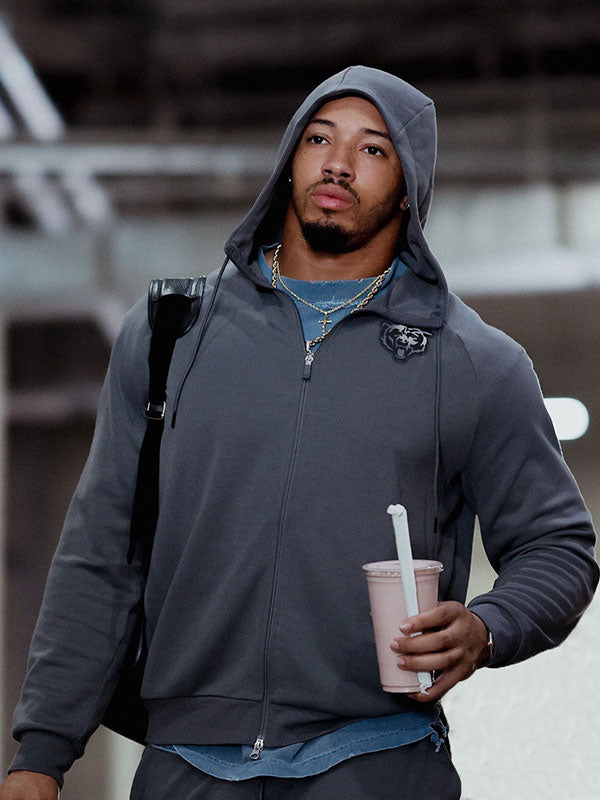 Chicago Bears grey zip hoodie front view player travel look