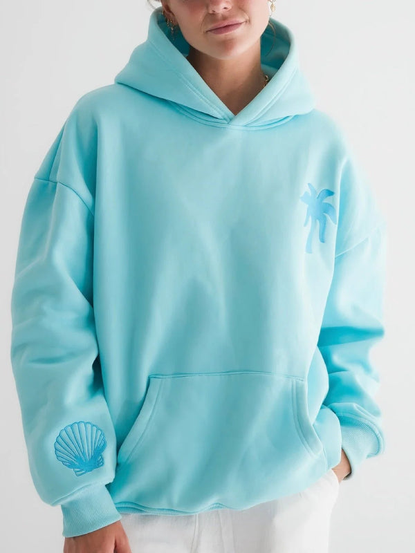 Blue palm tree print oversized hoodie Hawaii Hibiscus