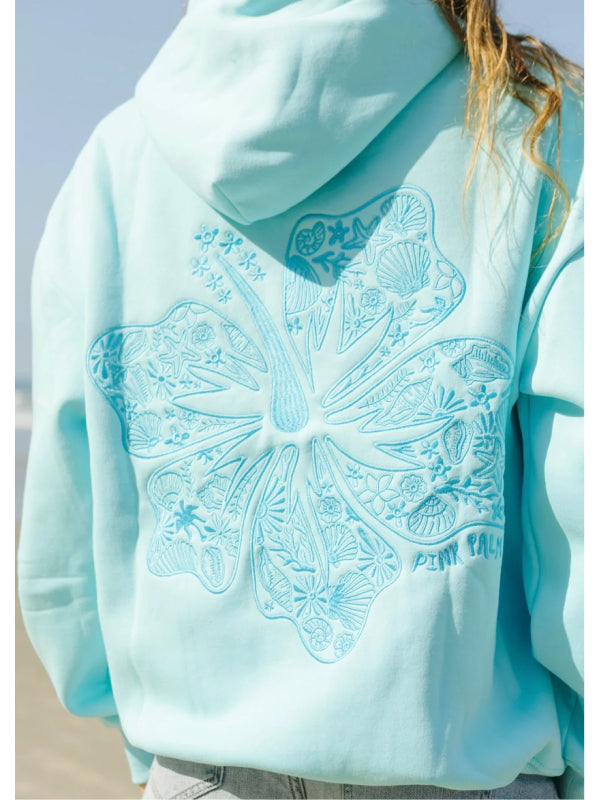 Hibiscus floral embroidered sky blue hoodie Hawaii Hibiscus