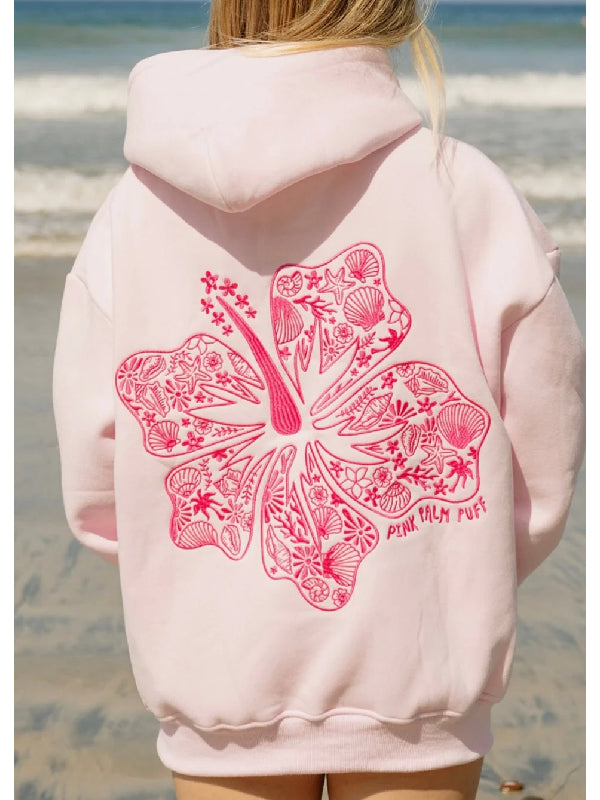 Baby pink hibiscus embroidery hoodie Hawaii Hibiscus