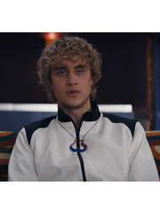 Haymitch Abernathy white fleece jacket close up seated