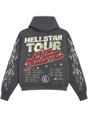Hellstar Tour hoodie faded black back view flame sleeves tour dates