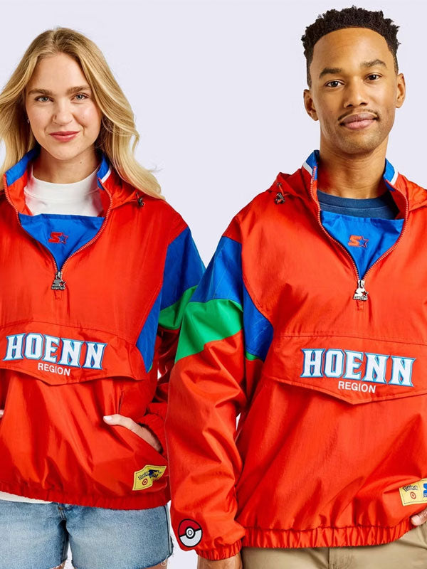 Starter x Pokémon Hoenn Region jacket front view male and female models