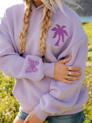 Lavender butterfly hoodie front view embroidered palm tree and sleeve butterfly