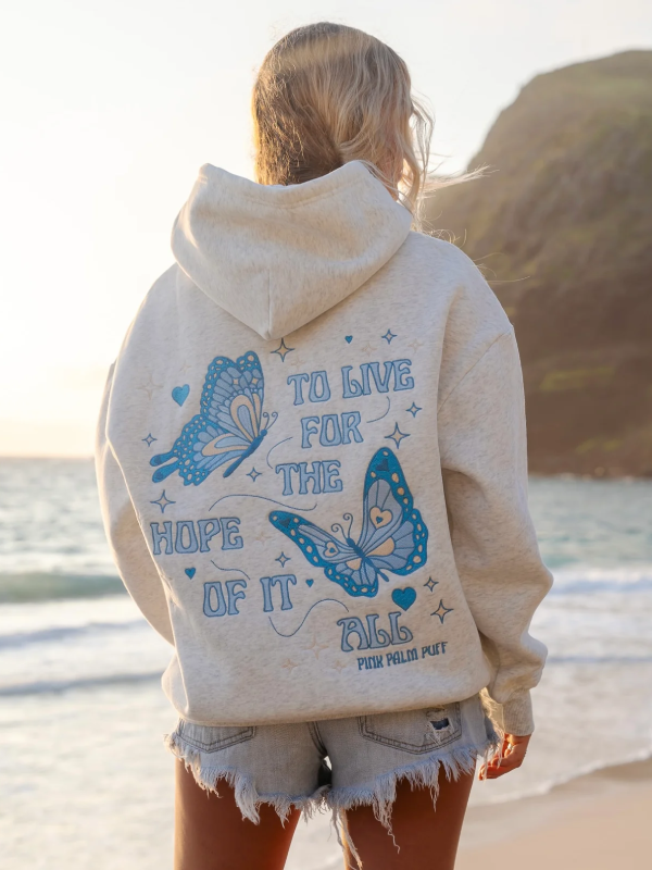 To Live For the Hope of It All oat heather hoodie blue butterfly back print beach