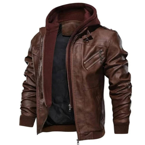 Handmade Mens Brown Leather Bomber Jacket with Hood