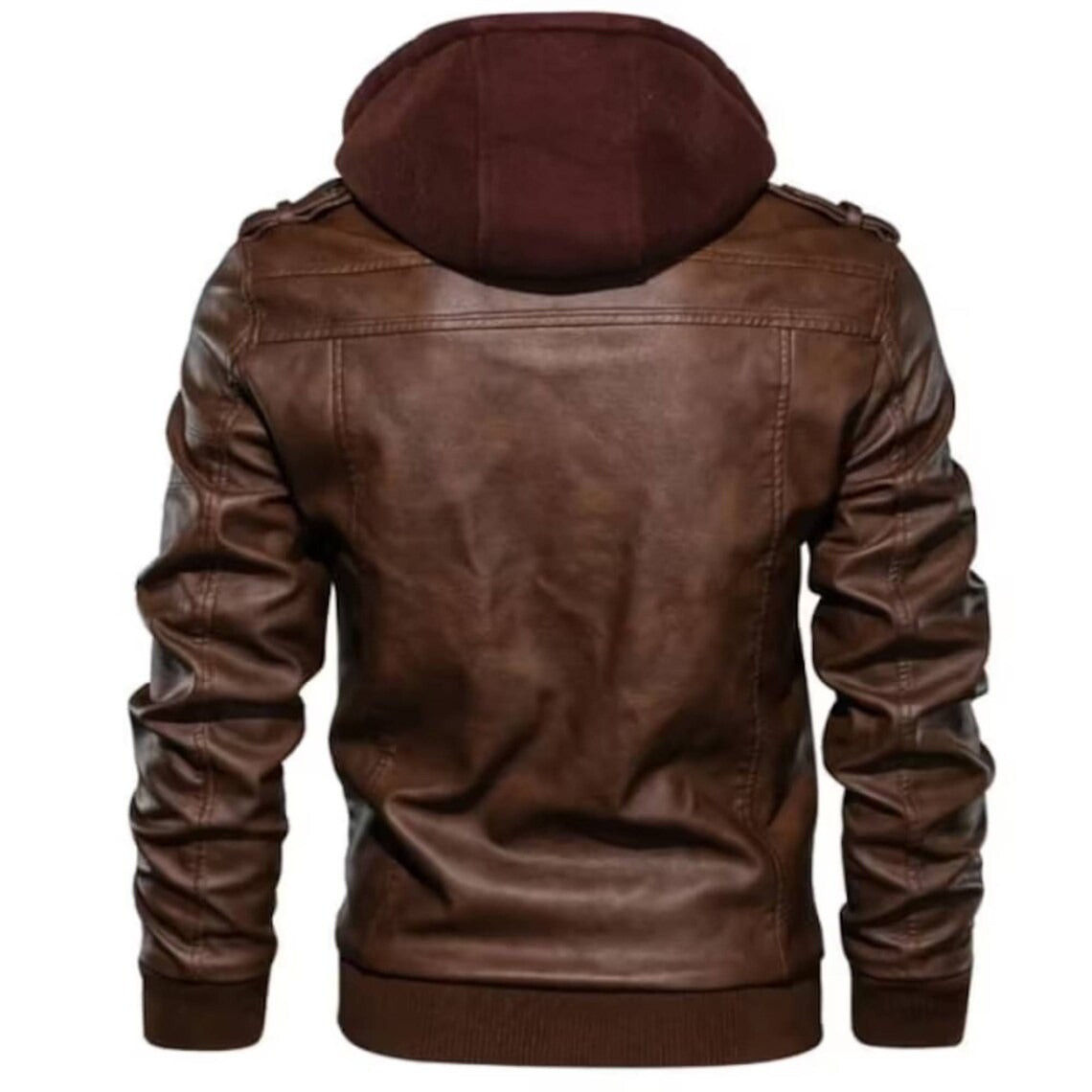 Handmade Mens Brown Leather Bomber Jacket with Hood