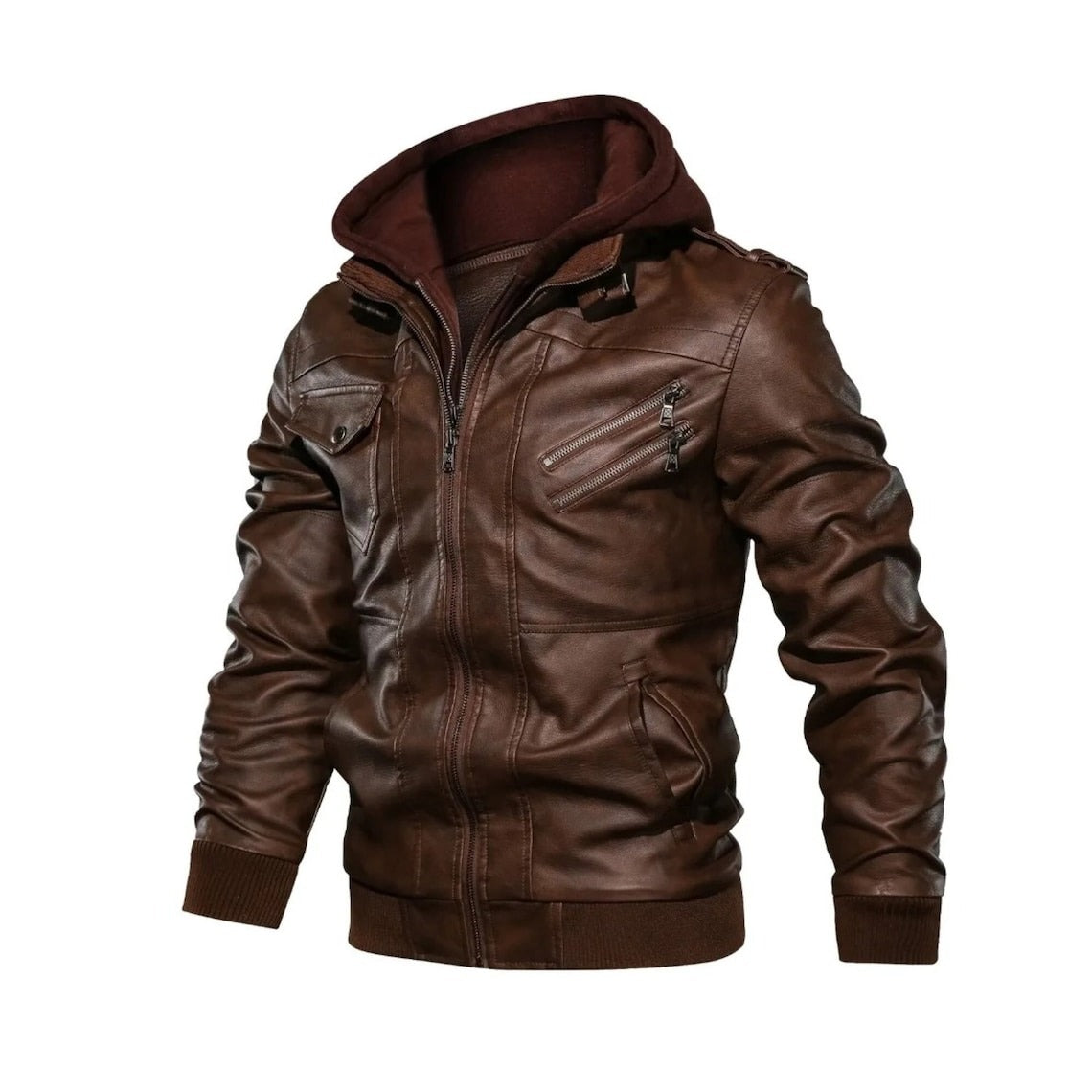 Handmade Mens Brown Leather Bomber Jacket with Hood