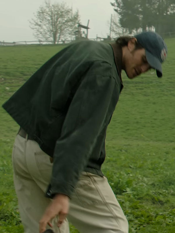Jacob Elordi Hig olive canvas jacket side view outdoor field