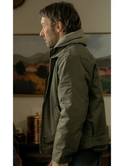 Joel Edgerton Jason Dessen olive green jacket side view indoor scene