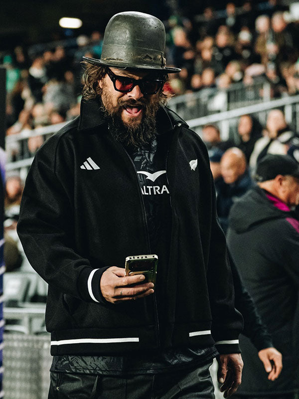Jason Momoa inspired black wool bomber jacket front view stadium