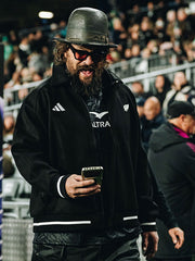 Jason Momoa inspired black wool bomber jacket front view stadium