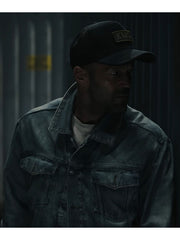 Jason Statham Mutiny denim jacket close up front view indoor scene