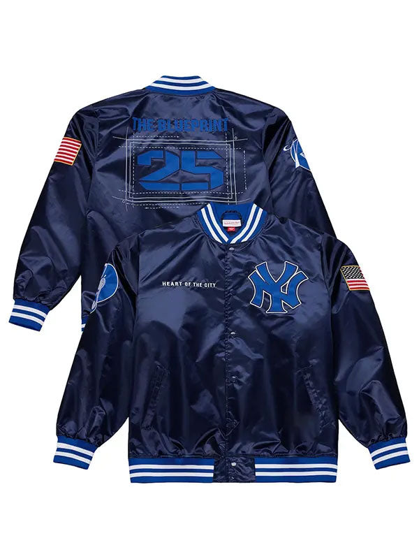 Jay-Z Blueprint 25 Yankees satin bomber jacket front and back flat lay