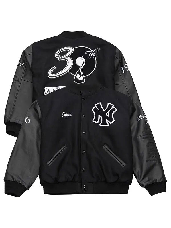 Yankees Jay Z Reasonable-Doubt varsity jacket front and back flat lay