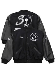 Yankees Jay Z Reasonable-Doubt varsity jacket front and back flat lay